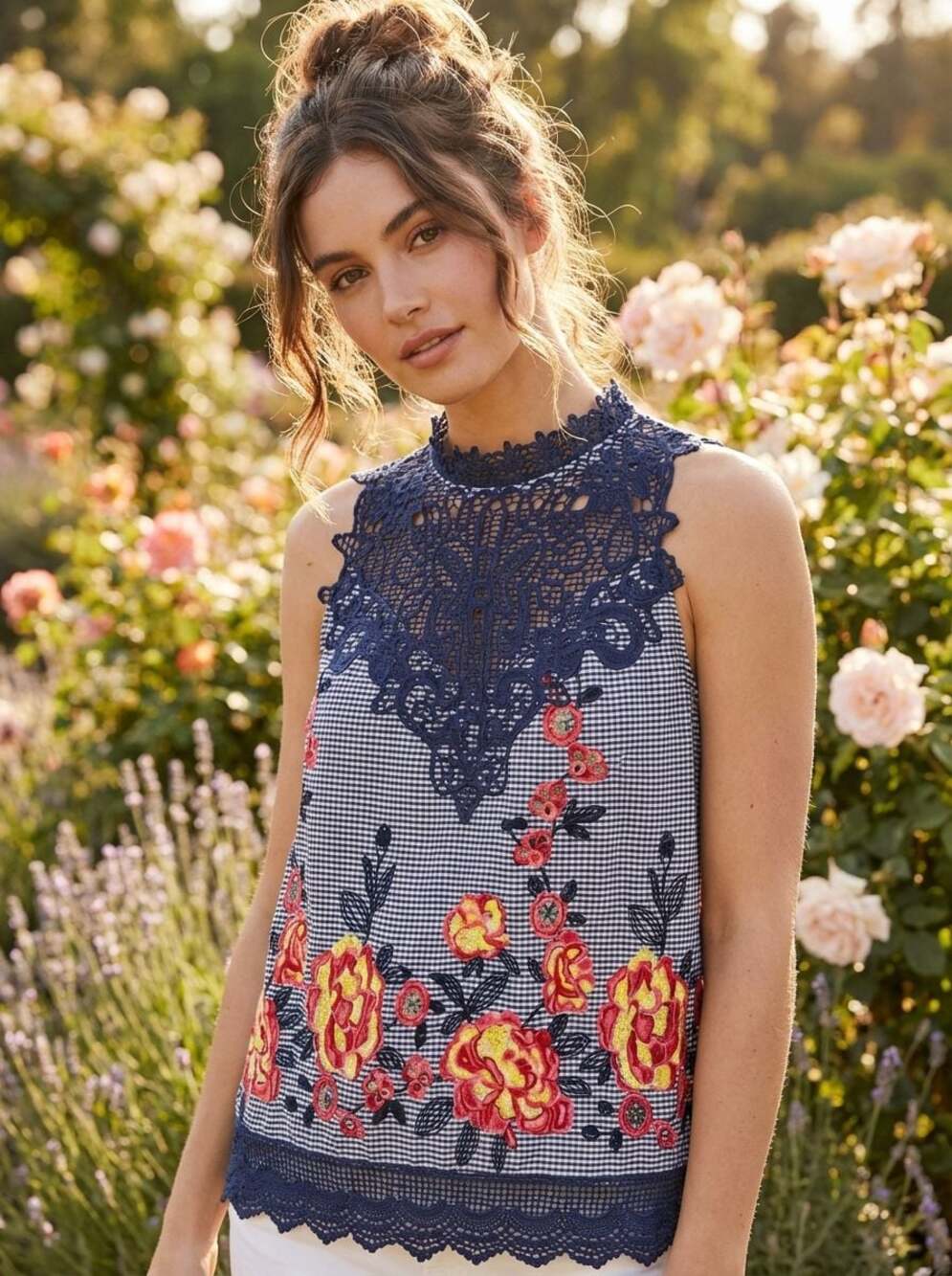 Entro Floral Embroidered Gingham Lace Halter Top, Size S